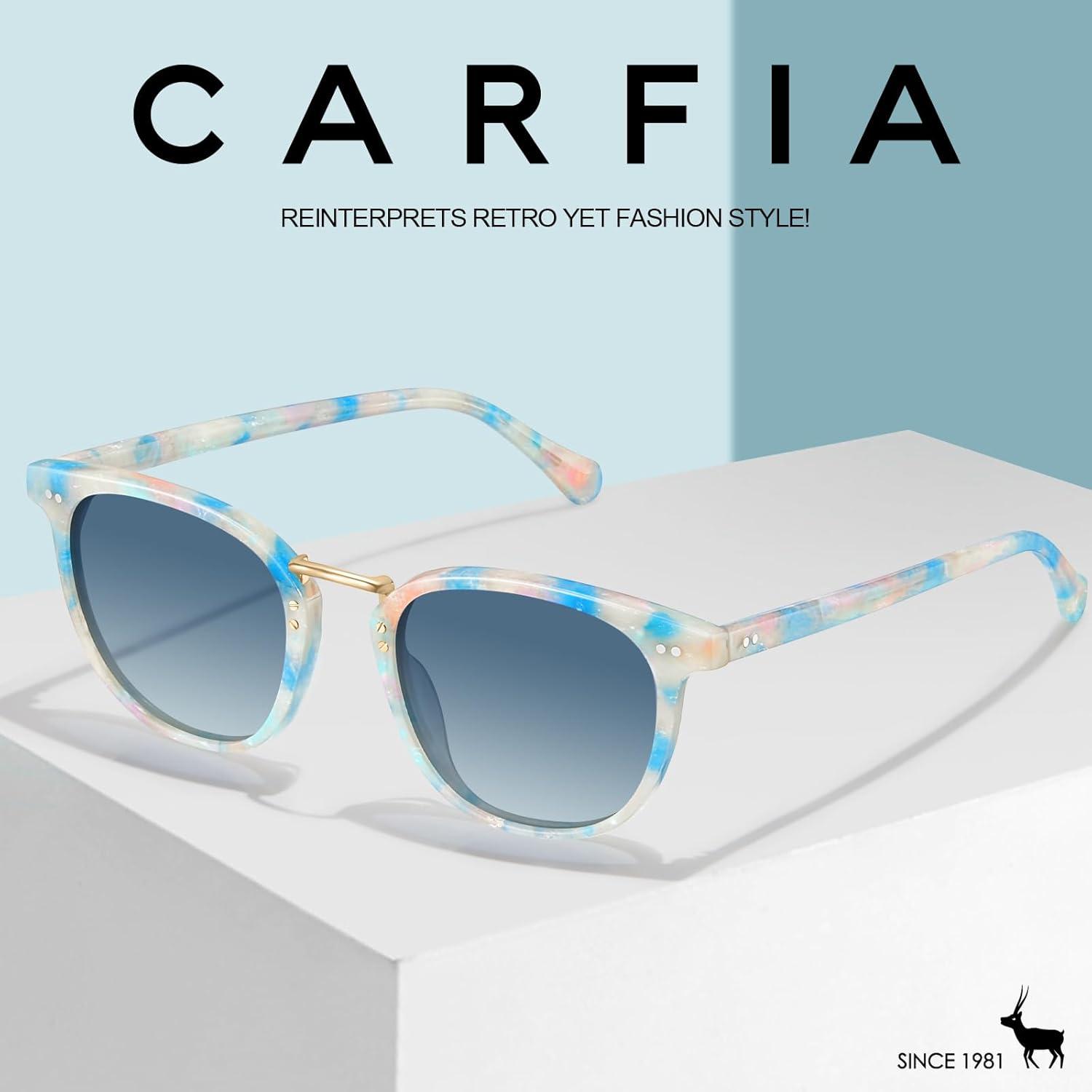 imageCARFIA Small Face Acetate Polarized Sunglasses for Women UV Protection Retro Trendy Eyewear Metal Bridge Brow Ladies Sunnies7 Blue White Marble Tortoise Frame Gradient Blue Lens