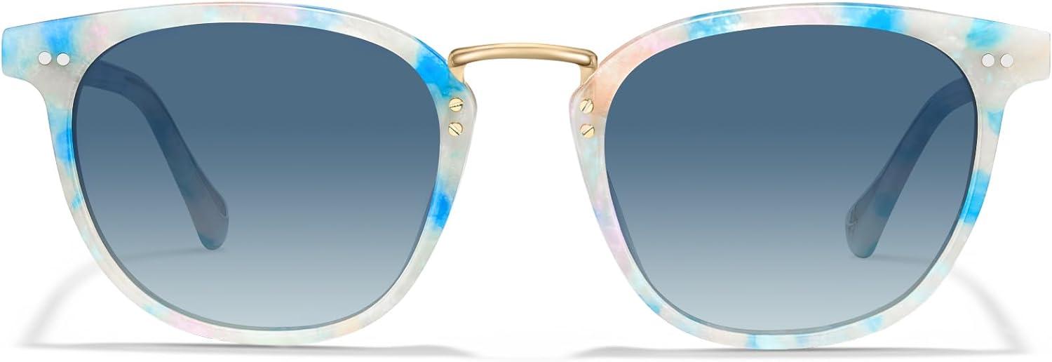imageCARFIA Small Face Acetate Polarized Sunglasses for Women UV Protection Retro Trendy Eyewear Metal Bridge Brow Ladies Sunnies7 Blue White Marble Tortoise Frame Gradient Blue Lens