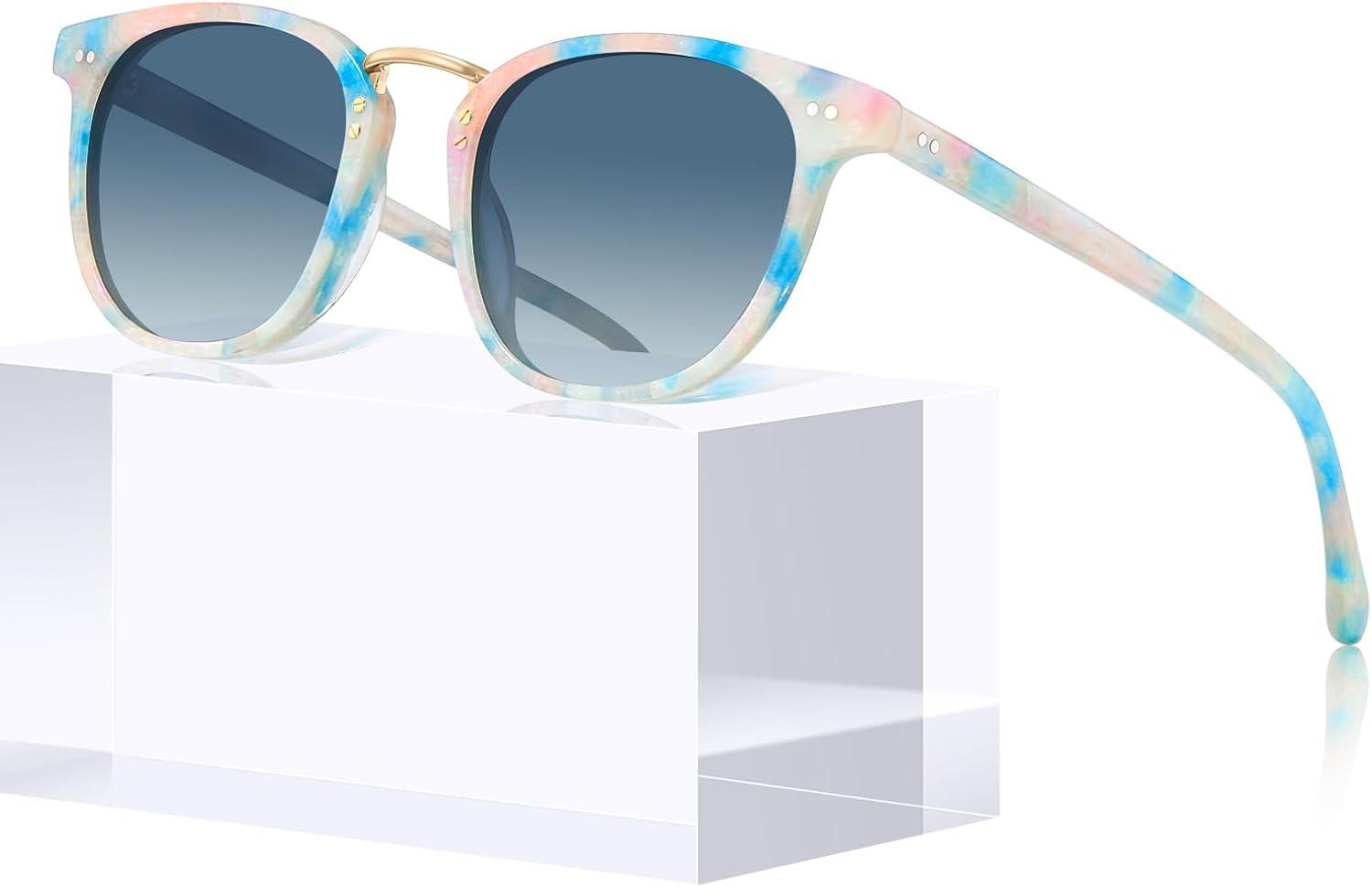 imageCARFIA Small Face Acetate Polarized Sunglasses for Women UV Protection Retro Trendy Eyewear Metal Bridge Brow Ladies Sunnies7 Blue White Marble Tortoise Frame Gradient Blue Lens