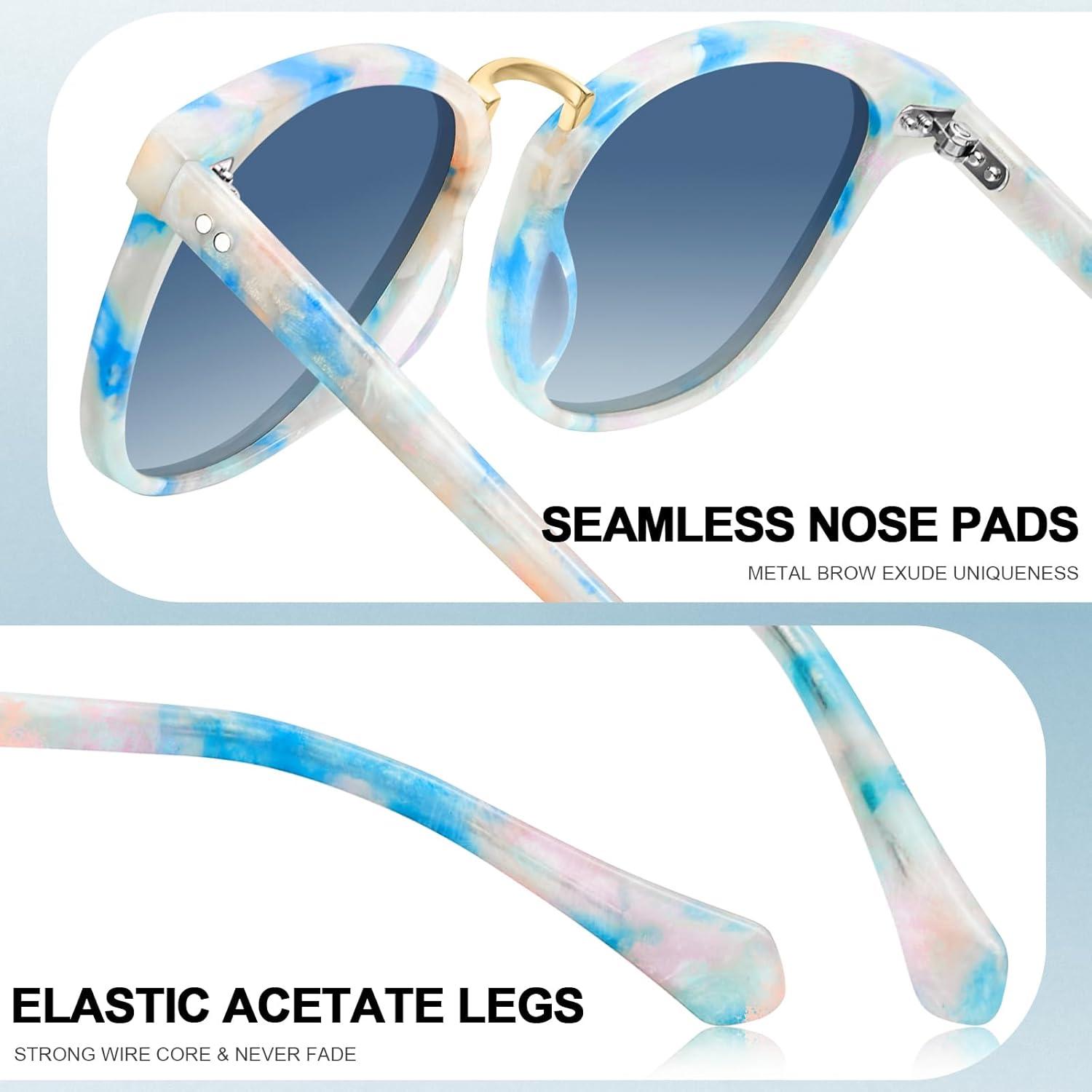 imageCARFIA Small Face Acetate Polarized Sunglasses for Women UV Protection Retro Trendy Eyewear Metal Bridge Brow Ladies Sunnies7 Blue White Marble Tortoise Frame Gradient Blue Lens