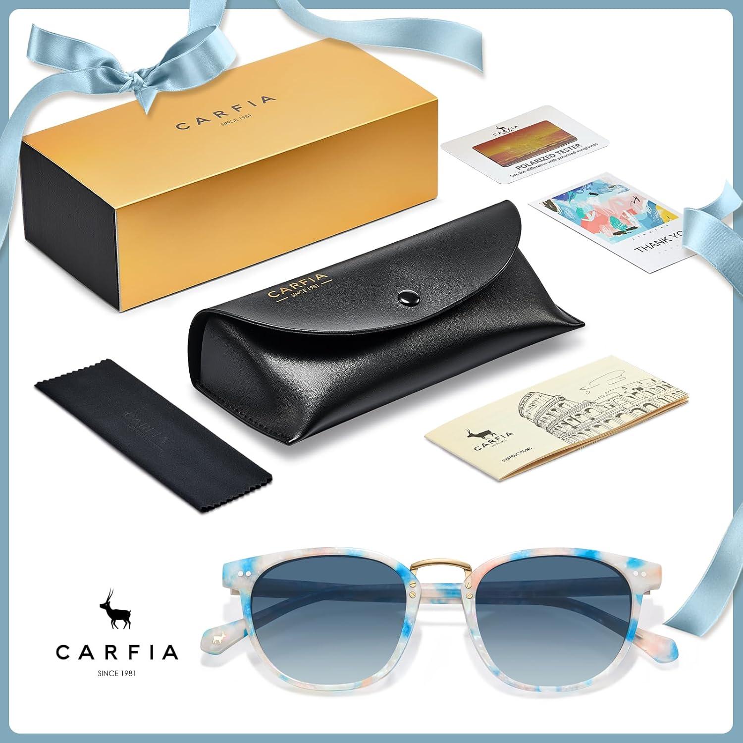 imageCARFIA Small Face Acetate Polarized Sunglasses for Women UV Protection Retro Trendy Eyewear Metal Bridge Brow Ladies Sunnies7 Blue White Marble Tortoise Frame Gradient Blue Lens