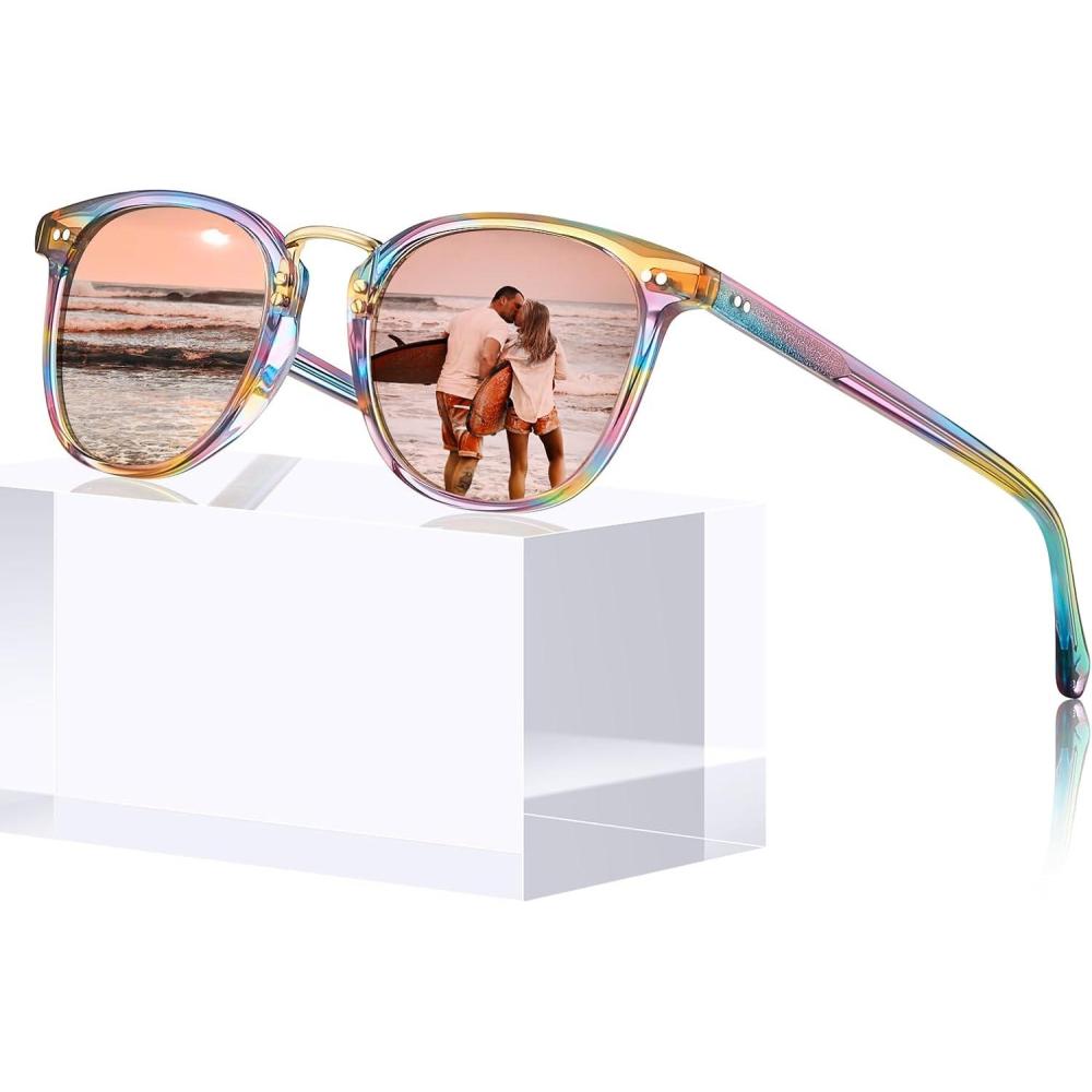 imageCARFIA Small Face Acetate Polarized Sunglasses for Women UV Protection Retro Trendy Eyewear Metal Bridge Brow Ladies Sunnies6 Iridescent Tortoise Frame Pink Mirror