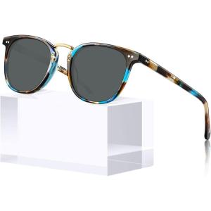 CARFIA Small Face Acetate Polarized Sunglasses for Women UV Protection, Retro Trendy Eyewear Metal Bridge Brow Ladies Sunnies(4. Blue Tortoise Frame Grey Lens)