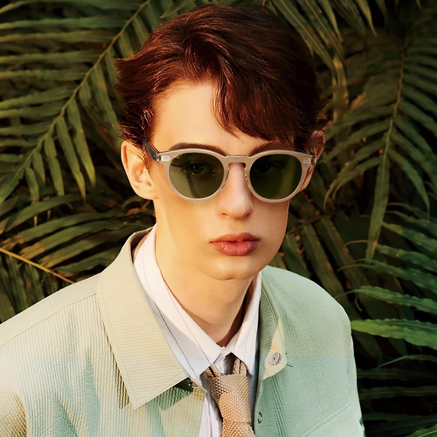 imageCARFIA Cool Retro Acetate Sunglasses for Men Polarized UV Protection Keyhole Round Shades with Embossed Pattern Wire Core1 Clear Yellow Frame Green Lens