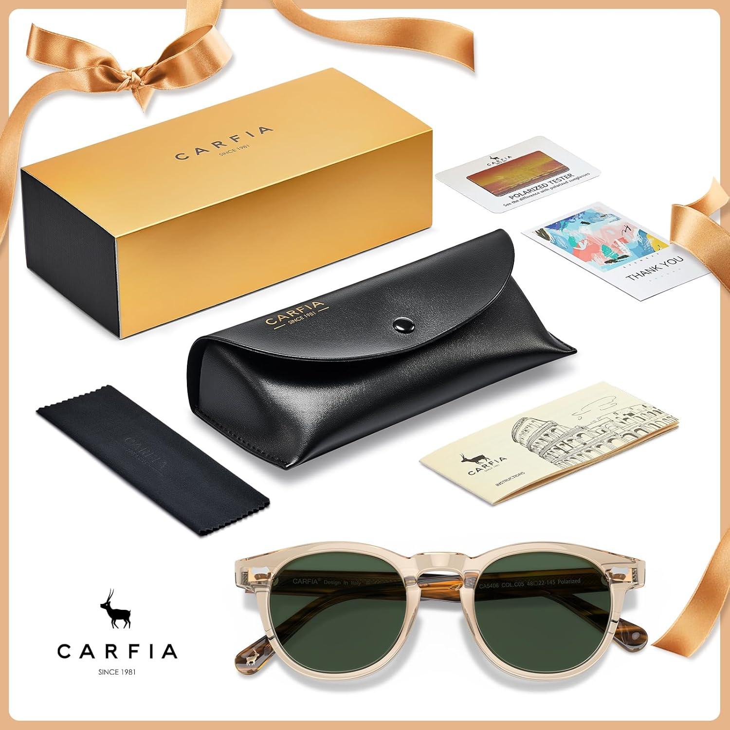 imageCARFIA Cool Retro Acetate Sunglasses for Men Polarized UV Protection Keyhole Round Shades with Embossed Pattern Wire Core1 Clear Yellow Frame Green Lens