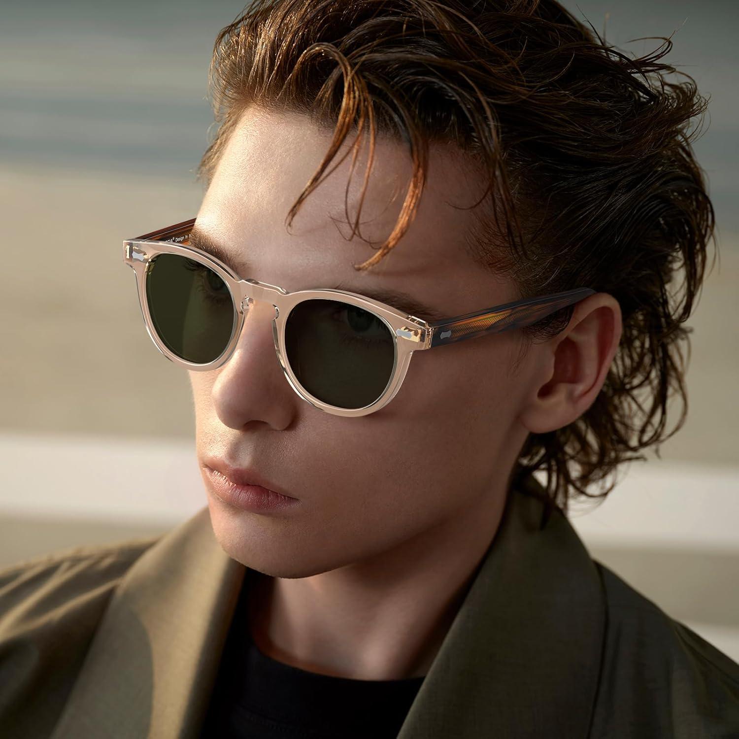 imageCARFIA Cool Retro Acetate Sunglasses for Men Polarized UV Protection Keyhole Round Shades with Embossed Pattern Wire Core1 Clear Yellow Frame Green Lens