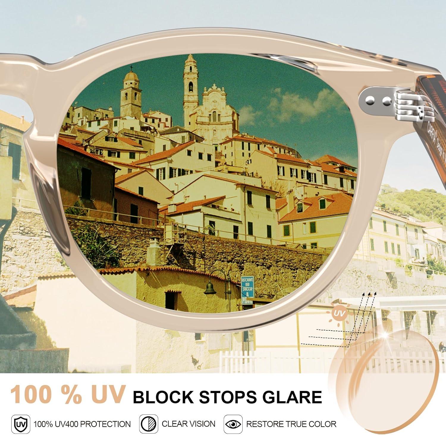 imageCARFIA Cool Retro Acetate Sunglasses for Men Polarized UV Protection Keyhole Round Shades with Embossed Pattern Wire Core1 Clear Yellow Frame Green Lens