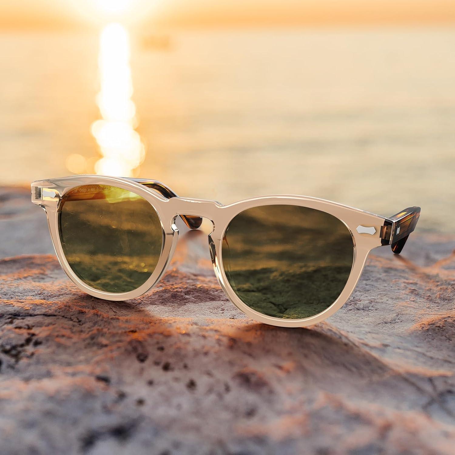 imageCARFIA Cool Retro Acetate Sunglasses for Men Polarized UV Protection Keyhole Round Shades with Embossed Pattern Wire Core1 Clear Yellow Frame Green Lens