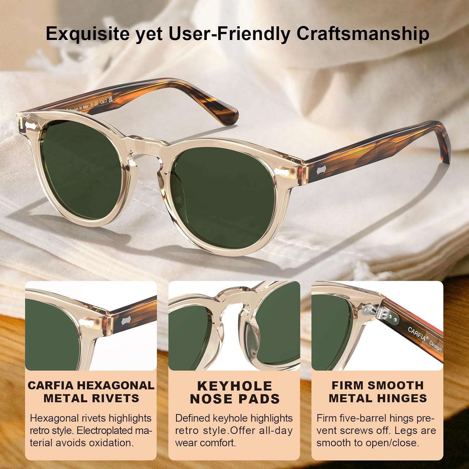 imageCARFIA Cool Retro Acetate Sunglasses for Men Polarized UV Protection Keyhole Round Shades with Embossed Pattern Wire Core1 Clear Yellow Frame Green Lens