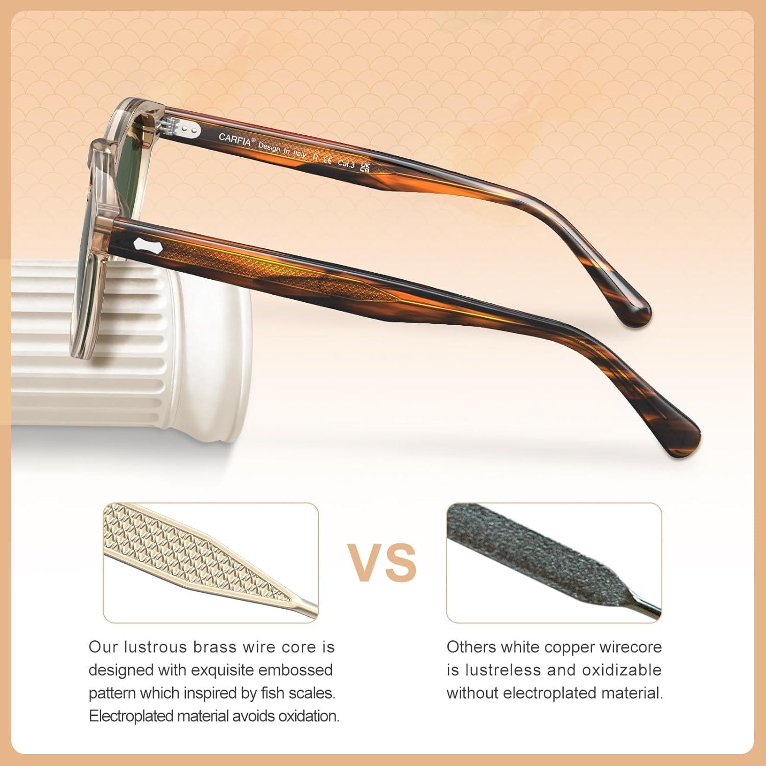 imageCARFIA Cool Retro Acetate Sunglasses for Men Polarized UV Protection Keyhole Round Shades with Embossed Pattern Wire Core1 Clear Yellow Frame Green Lens