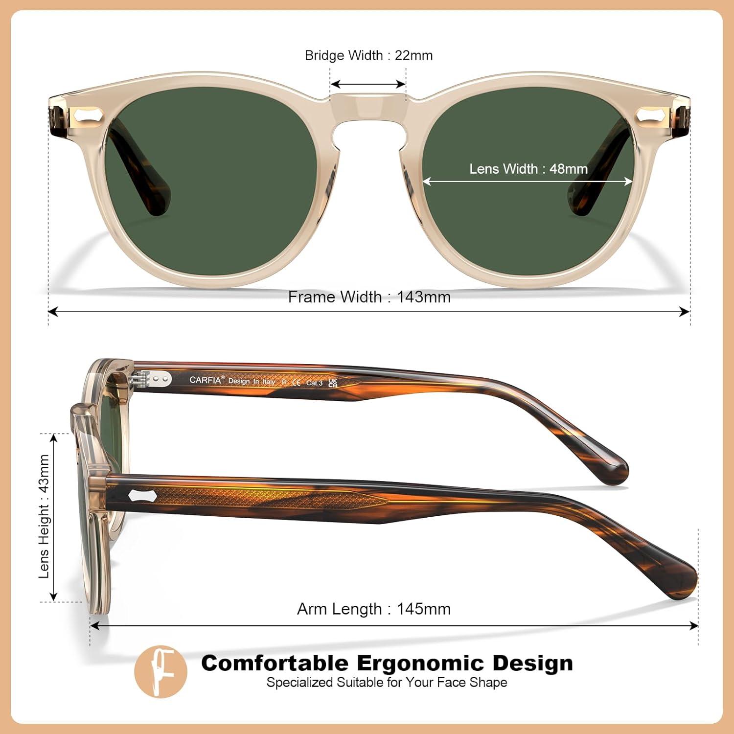 imageCARFIA Cool Retro Acetate Sunglasses for Men Polarized UV Protection Keyhole Round Shades with Embossed Pattern Wire Core1 Clear Yellow Frame Green Lens