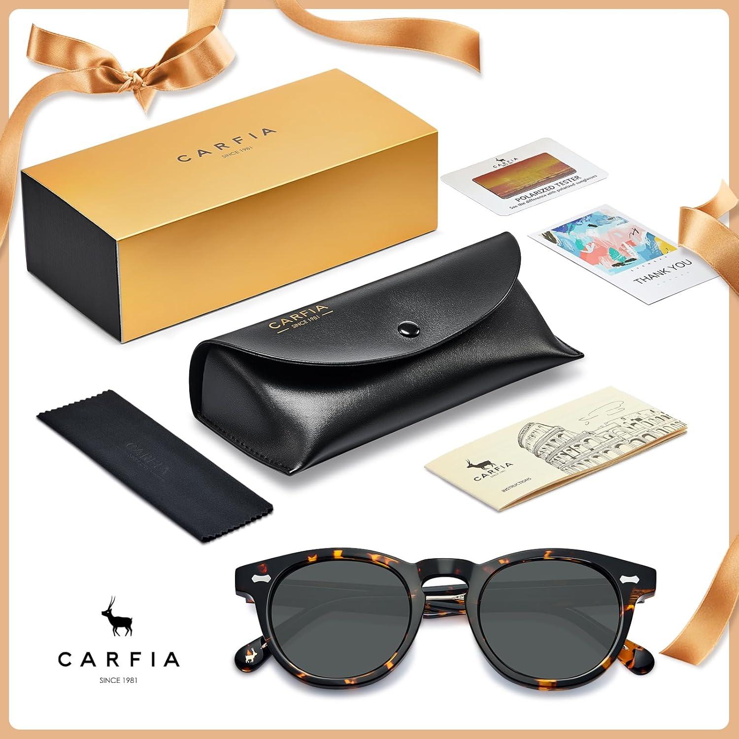 imageCARFIA Cool Retro Acetate Sunglasses for Men Polarized UV Protection Keyhole Round Shades with Embossed Pattern Wire Core2 Tortoise Frame Grey Lens