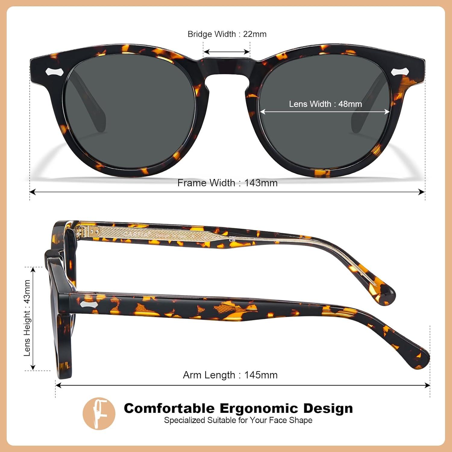 imageCARFIA Cool Retro Acetate Sunglasses for Men Polarized UV Protection Keyhole Round Shades with Embossed Pattern Wire Core2 Tortoise Frame Grey Lens