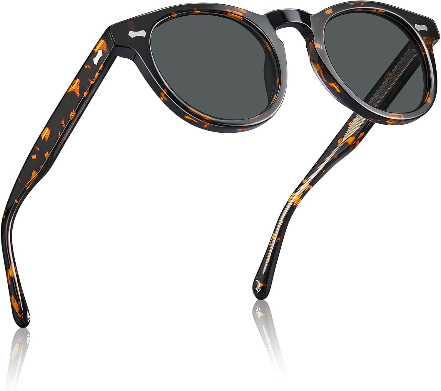 imageCARFIA Cool Retro Acetate Sunglasses for Men Polarized UV Protection Keyhole Round Shades with Embossed Pattern Wire Core2 Tortoise Frame Grey Lens