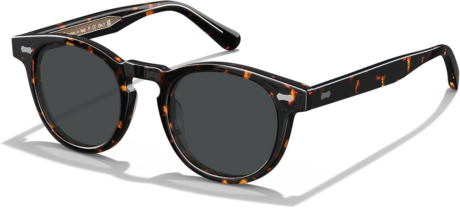 imageCARFIA Cool Retro Acetate Sunglasses for Men Polarized UV Protection Keyhole Round Shades with Embossed Pattern Wire Core2 Tortoise Frame Grey Lens