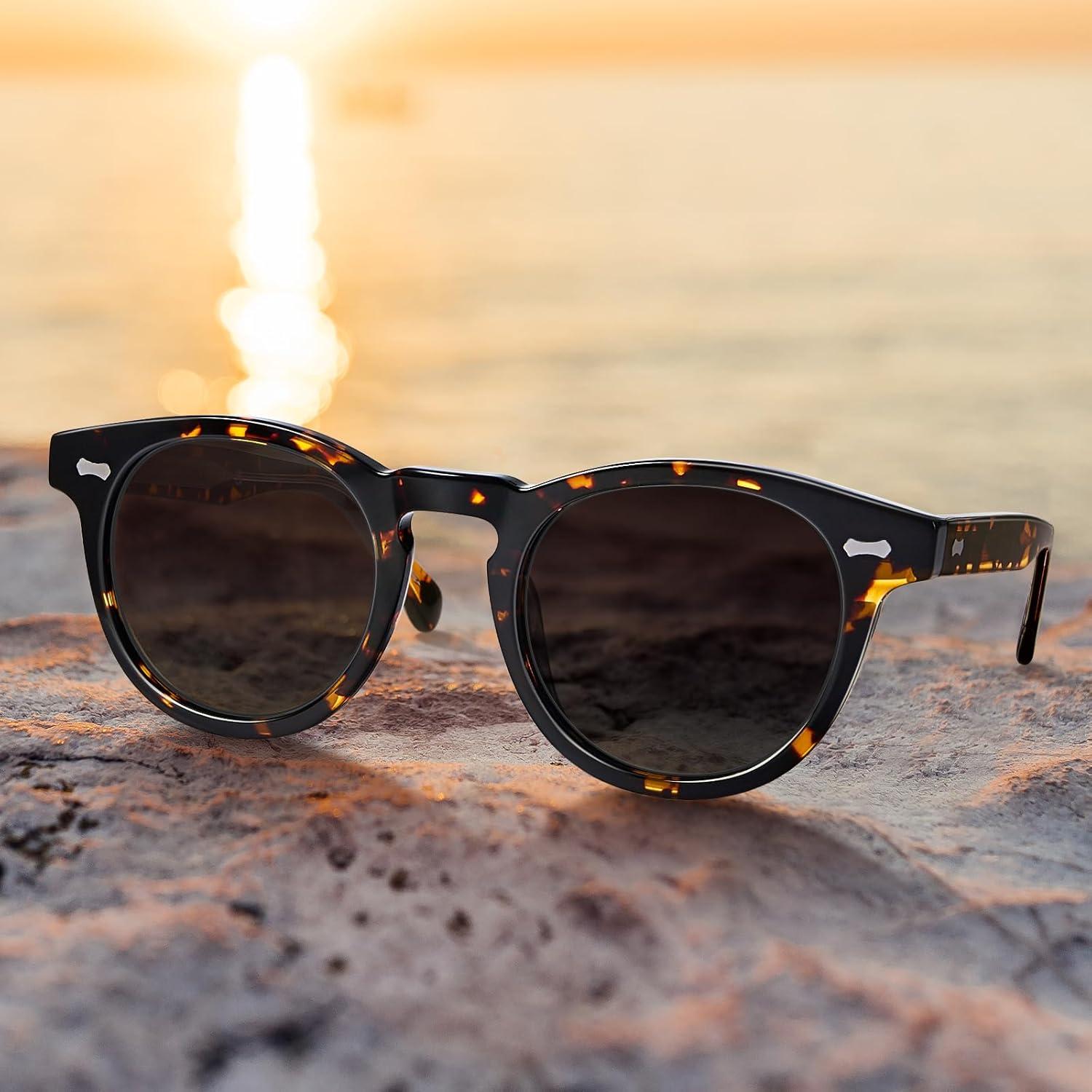 imageCARFIA Cool Retro Acetate Sunglasses for Men Polarized UV Protection Keyhole Round Shades with Embossed Pattern Wire Core2 Tortoise Frame Grey Lens