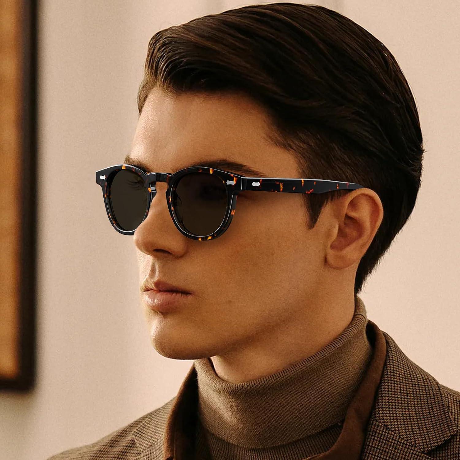 imageCARFIA Cool Retro Acetate Sunglasses for Men Polarized UV Protection Keyhole Round Shades with Embossed Pattern Wire Core2 Tortoise Frame Grey Lens