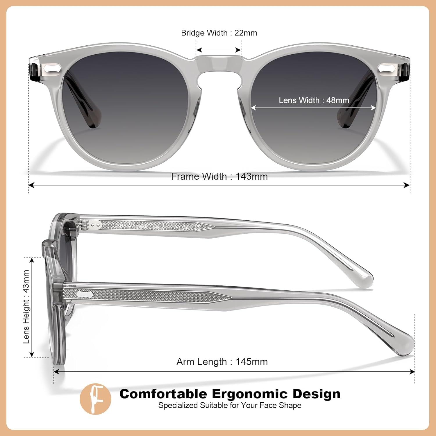 imageCARFIA Cool Retro Acetate Sunglasses for Men Polarized UV Protection Keyhole Round Shades with Embossed Pattern Wire Core4 Transparent Grey Frame Gradient Grey Lens