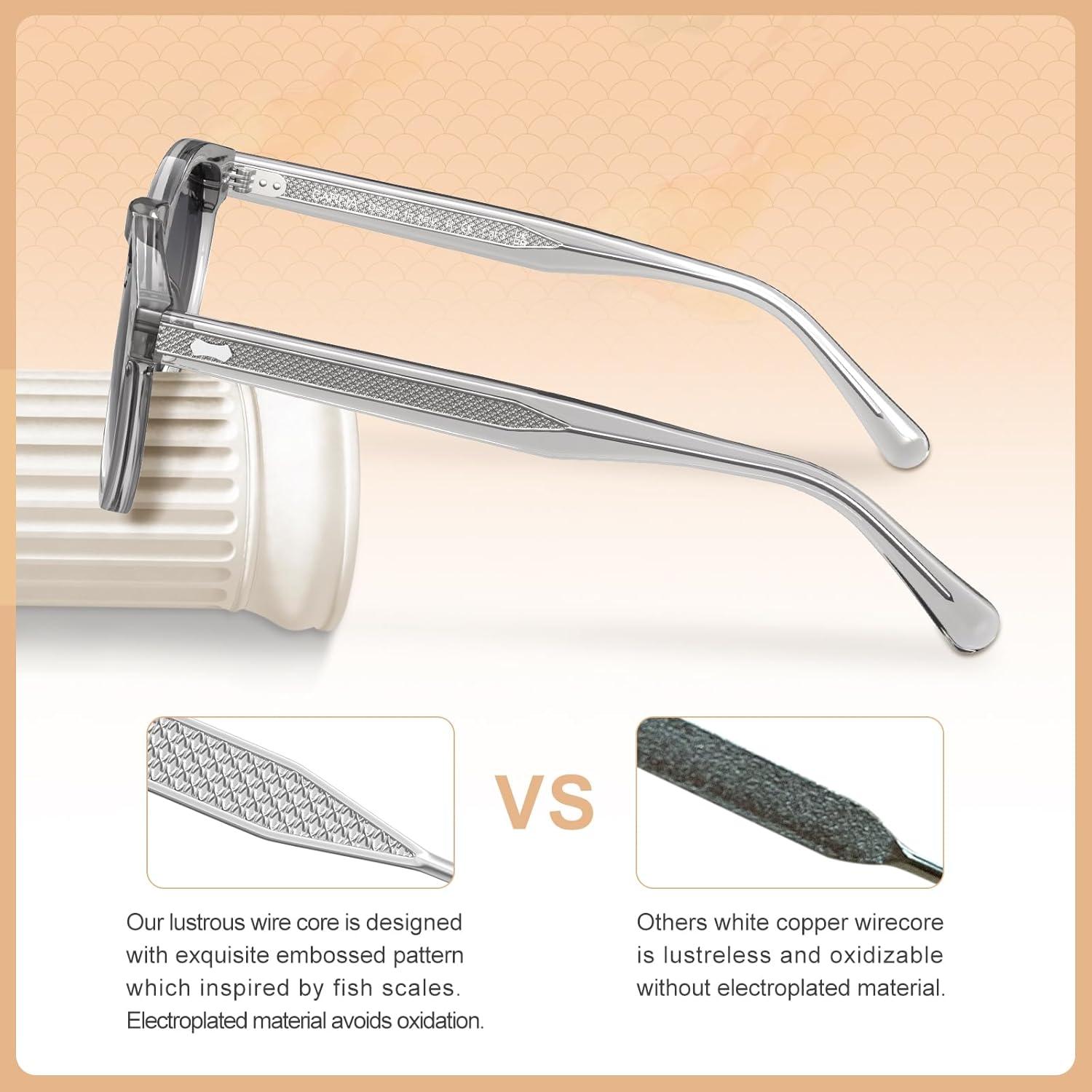 imageCARFIA Cool Retro Acetate Sunglasses for Men Polarized UV Protection Keyhole Round Shades with Embossed Pattern Wire Core4 Transparent Grey Frame Gradient Grey Lens