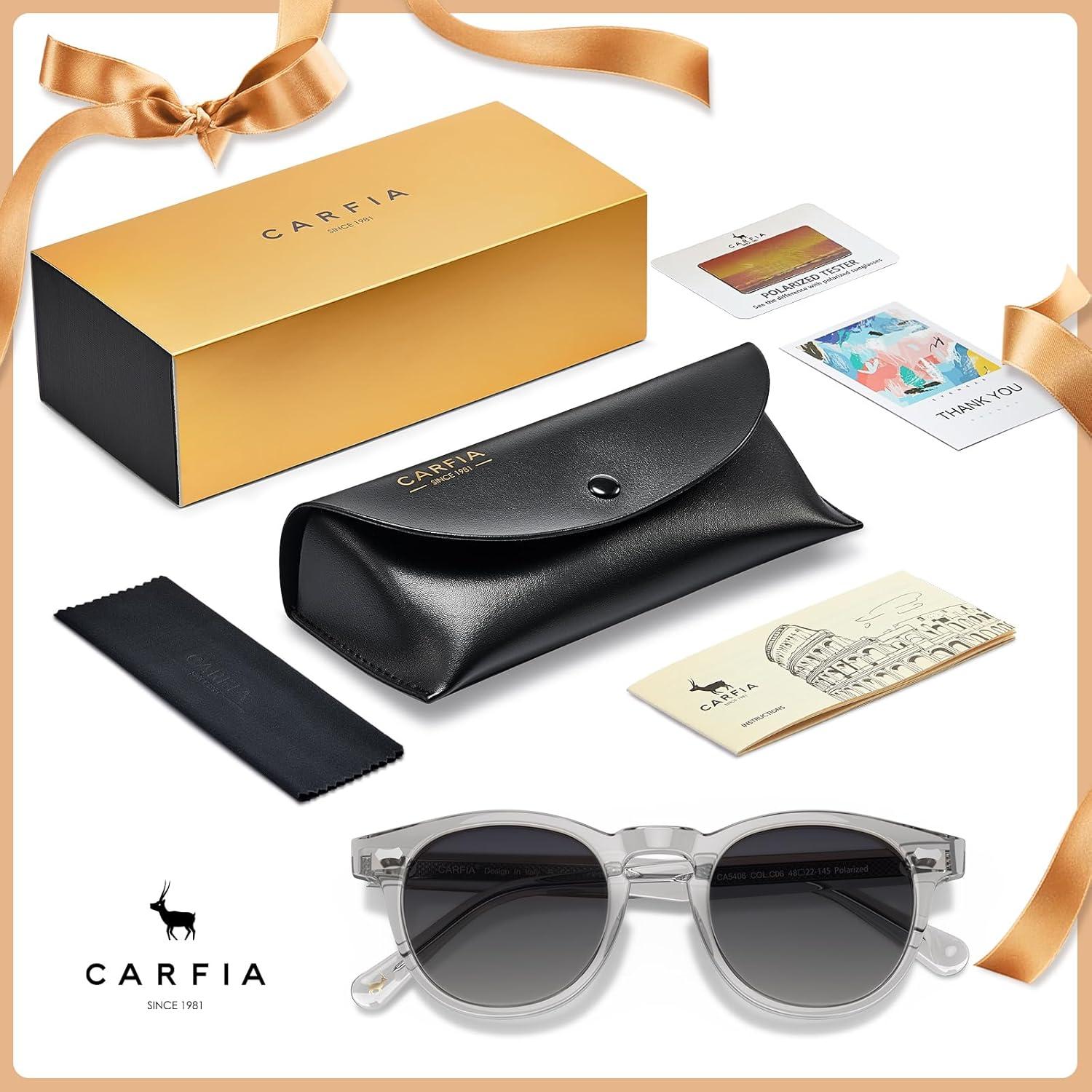 imageCARFIA Cool Retro Acetate Sunglasses for Men Polarized UV Protection Keyhole Round Shades with Embossed Pattern Wire Core4 Transparent Grey Frame Gradient Grey Lens