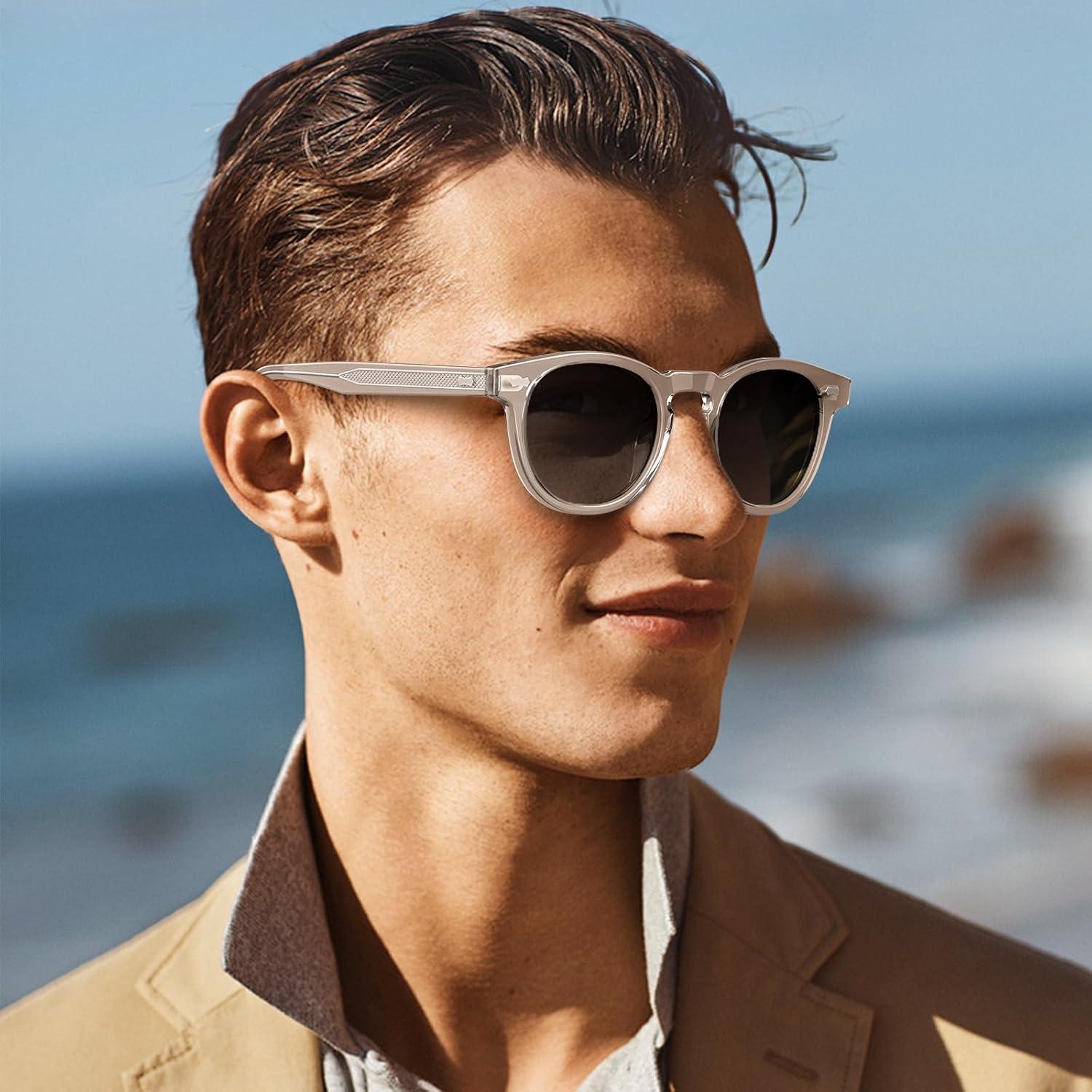 imageCARFIA Cool Retro Acetate Sunglasses for Men Polarized UV Protection Keyhole Round Shades with Embossed Pattern Wire Core4 Transparent Grey Frame Gradient Grey Lens