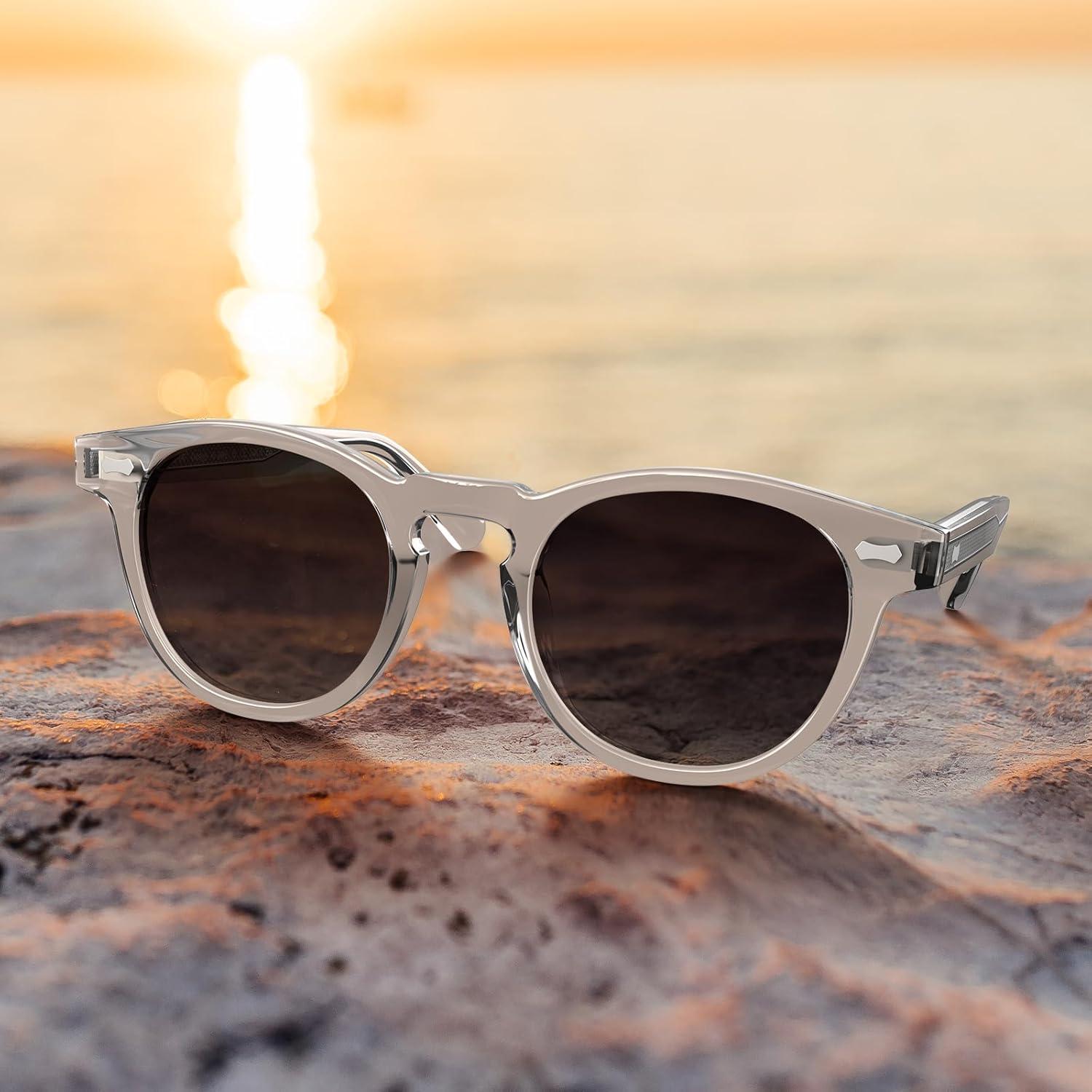 imageCARFIA Cool Retro Acetate Sunglasses for Men Polarized UV Protection Keyhole Round Shades with Embossed Pattern Wire Core4 Transparent Grey Frame Gradient Grey Lens