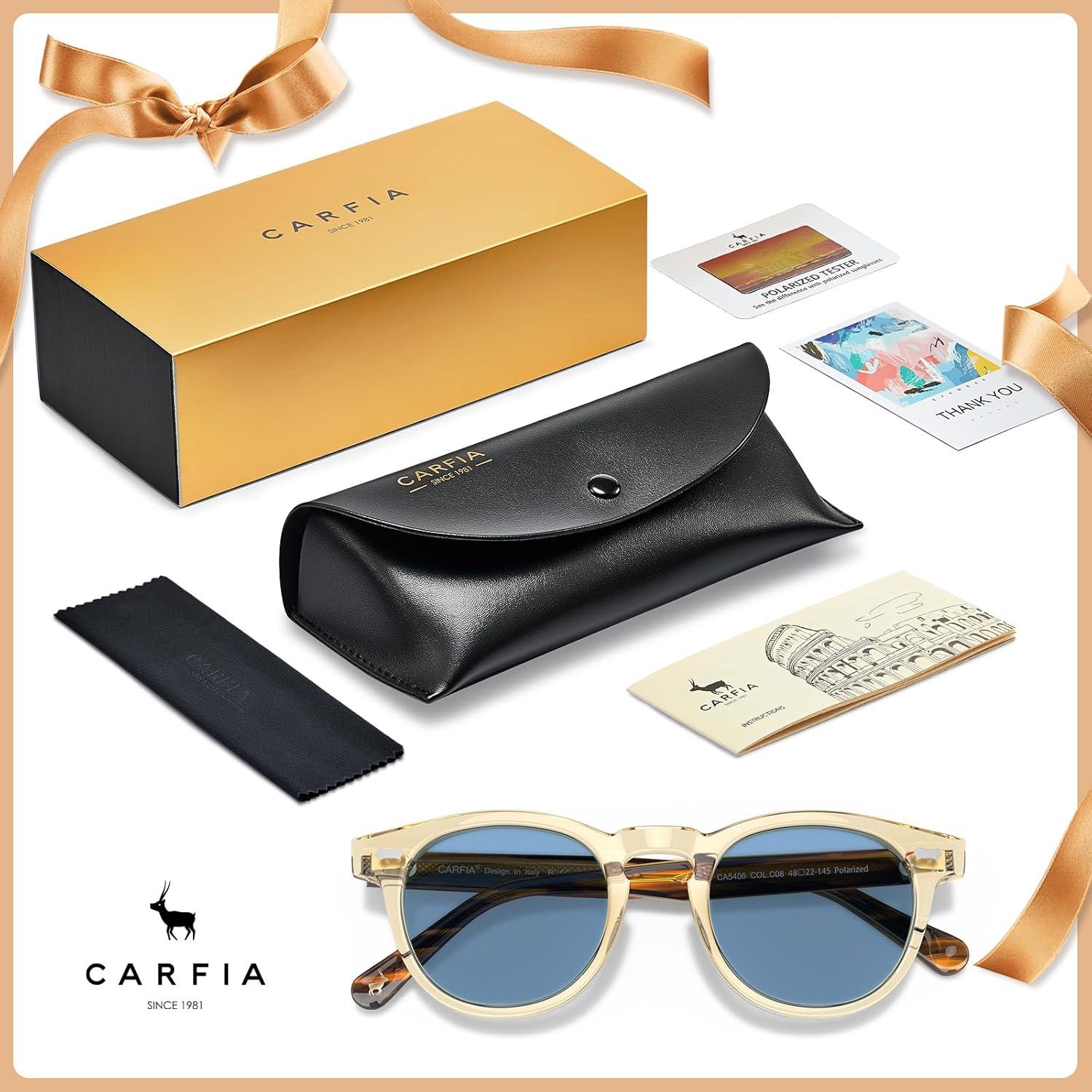 imageCARFIA Cool Retro Acetate Sunglasses for Men Polarized UV Protection Keyhole Round Shades with Embossed Pattern Wire Core51 Yellowish Frame Blue Lens