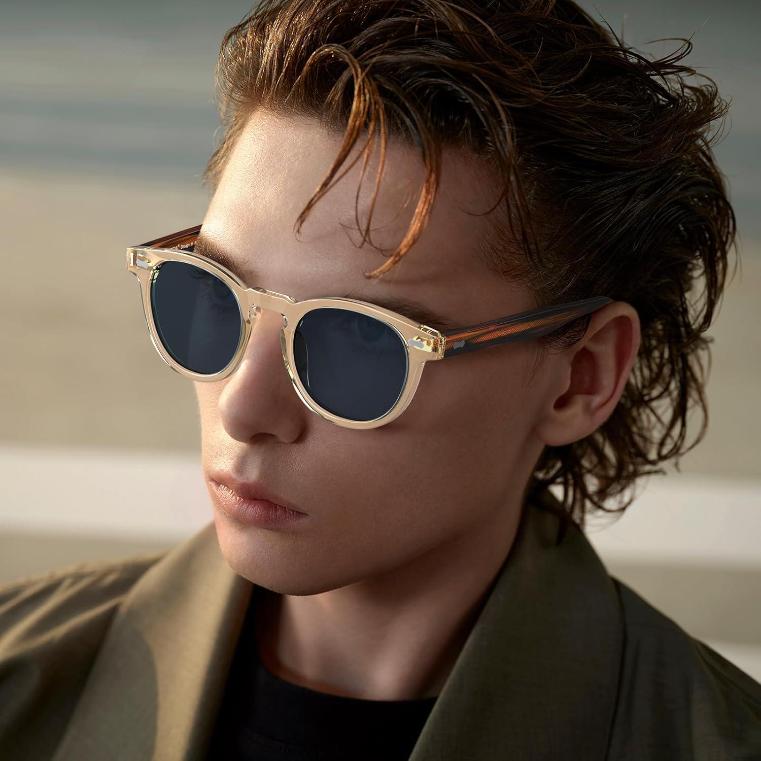 imageCARFIA Cool Retro Acetate Sunglasses for Men Polarized UV Protection Keyhole Round Shades with Embossed Pattern Wire Core51 Yellowish Frame Blue Lens