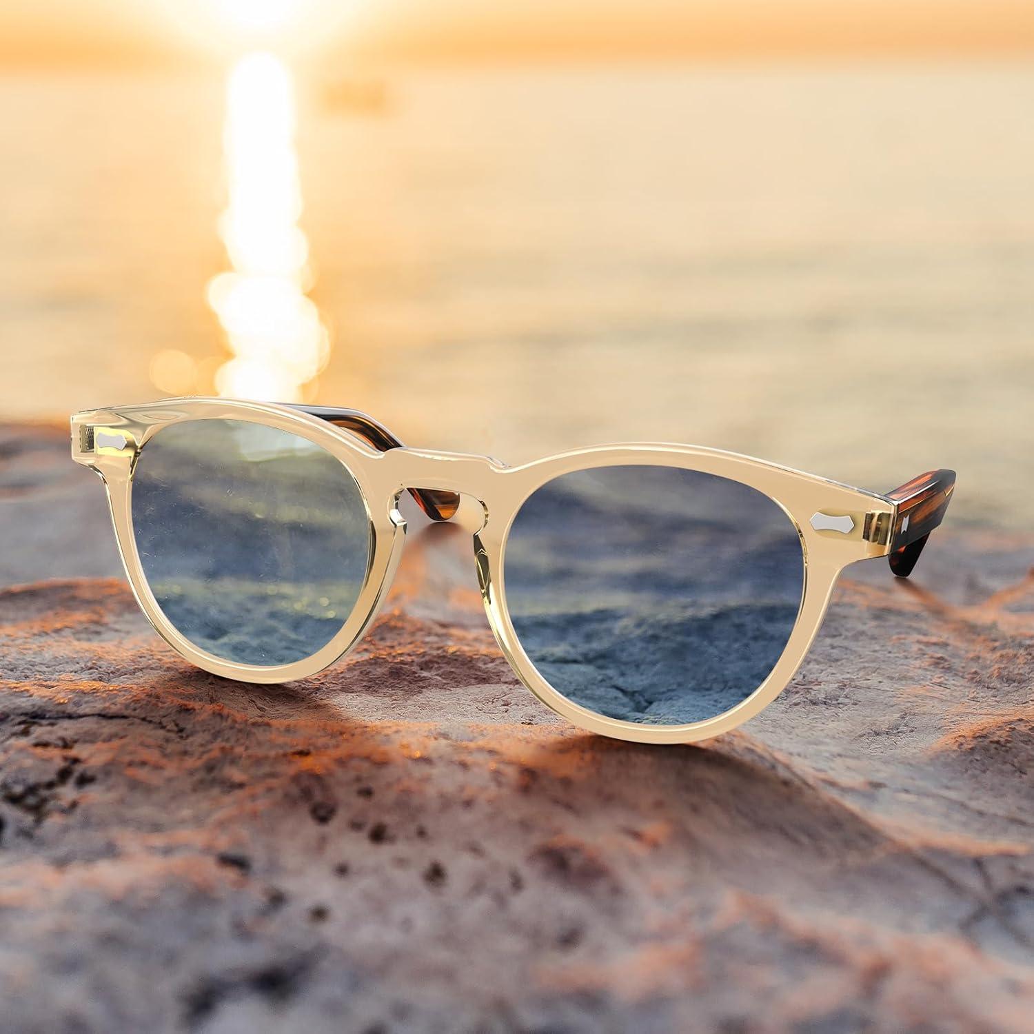 imageCARFIA Cool Retro Acetate Sunglasses for Men Polarized UV Protection Keyhole Round Shades with Embossed Pattern Wire Core51 Yellowish Frame Blue Lens