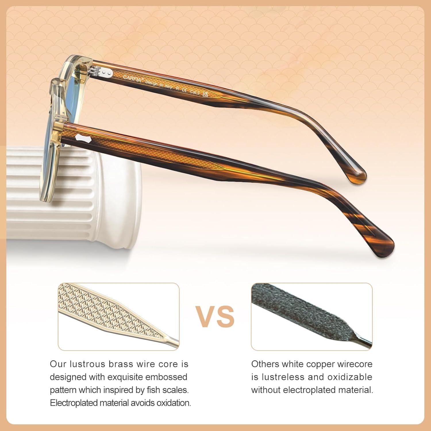 imageCARFIA Cool Retro Acetate Sunglasses for Men Polarized UV Protection Keyhole Round Shades with Embossed Pattern Wire Core51 Yellowish Frame Blue Lens