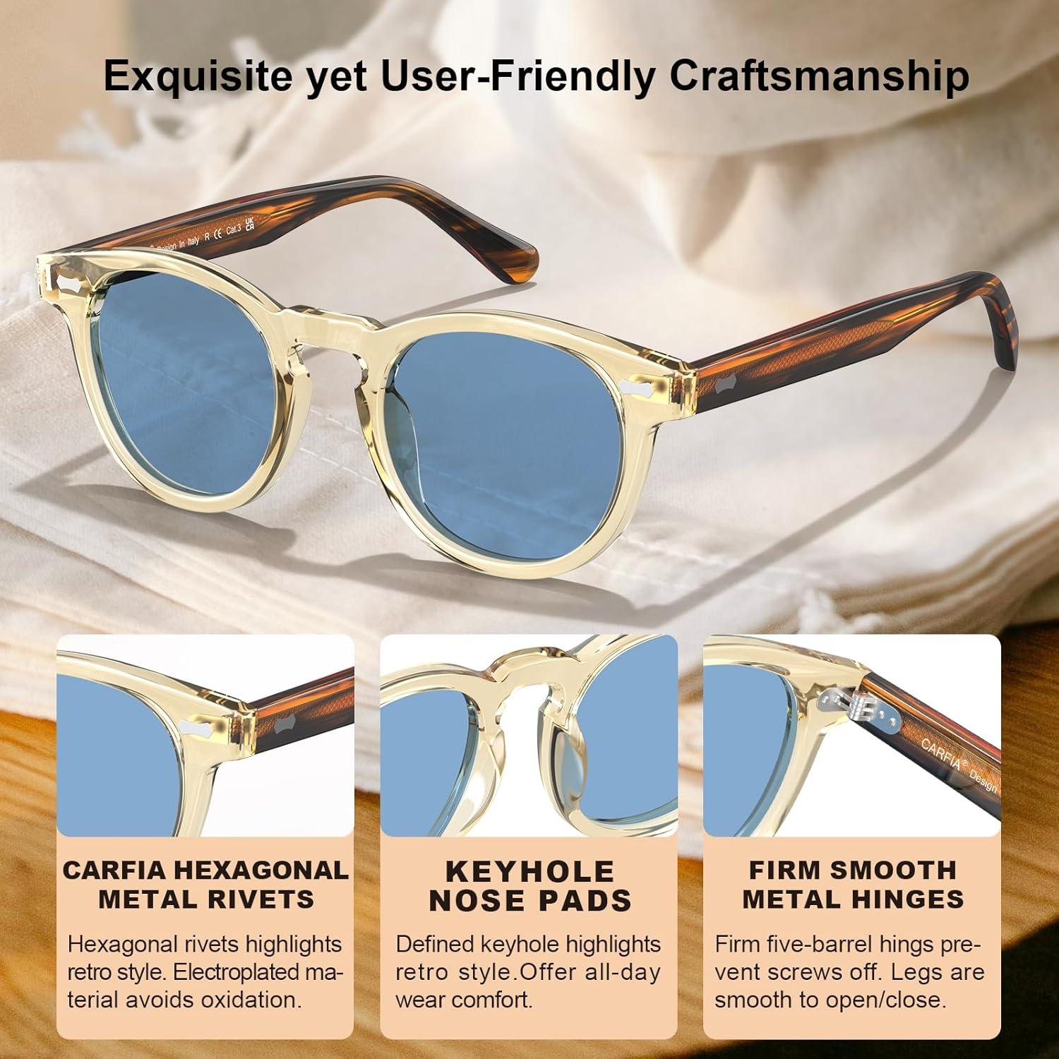 imageCARFIA Cool Retro Acetate Sunglasses for Men Polarized UV Protection Keyhole Round Shades with Embossed Pattern Wire Core51 Yellowish Frame Blue Lens
