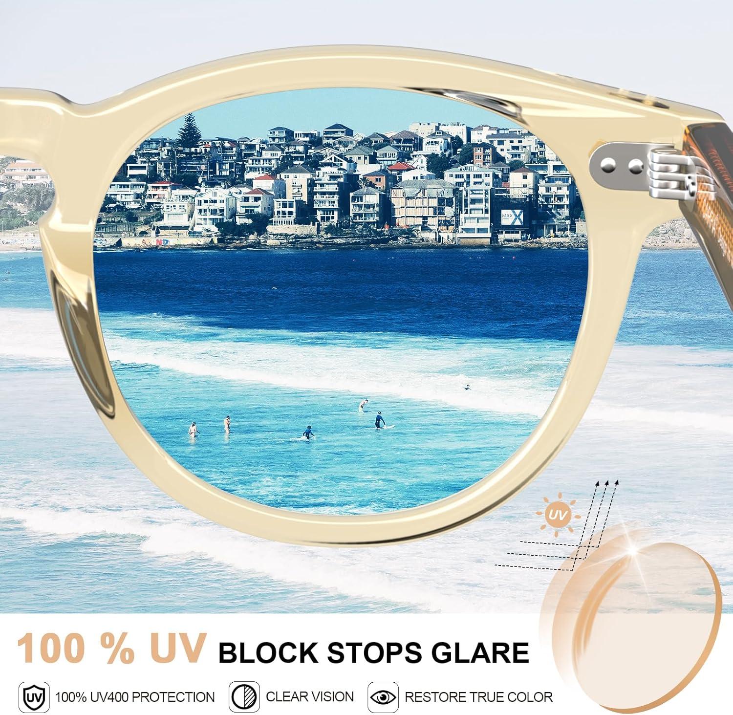 imageCARFIA Cool Retro Acetate Sunglasses for Men Polarized UV Protection Keyhole Round Shades with Embossed Pattern Wire Core51 Yellowish Frame Blue Lens