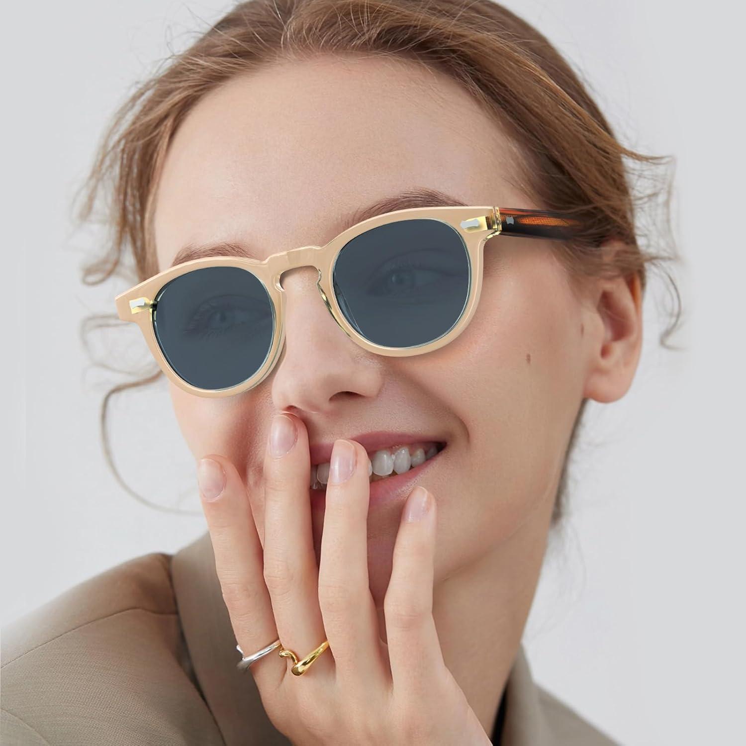 imageCARFIA Cool Retro Acetate Sunglasses for Men Polarized UV Protection Keyhole Round Shades with Embossed Pattern Wire Core51 Yellowish Frame Blue Lens