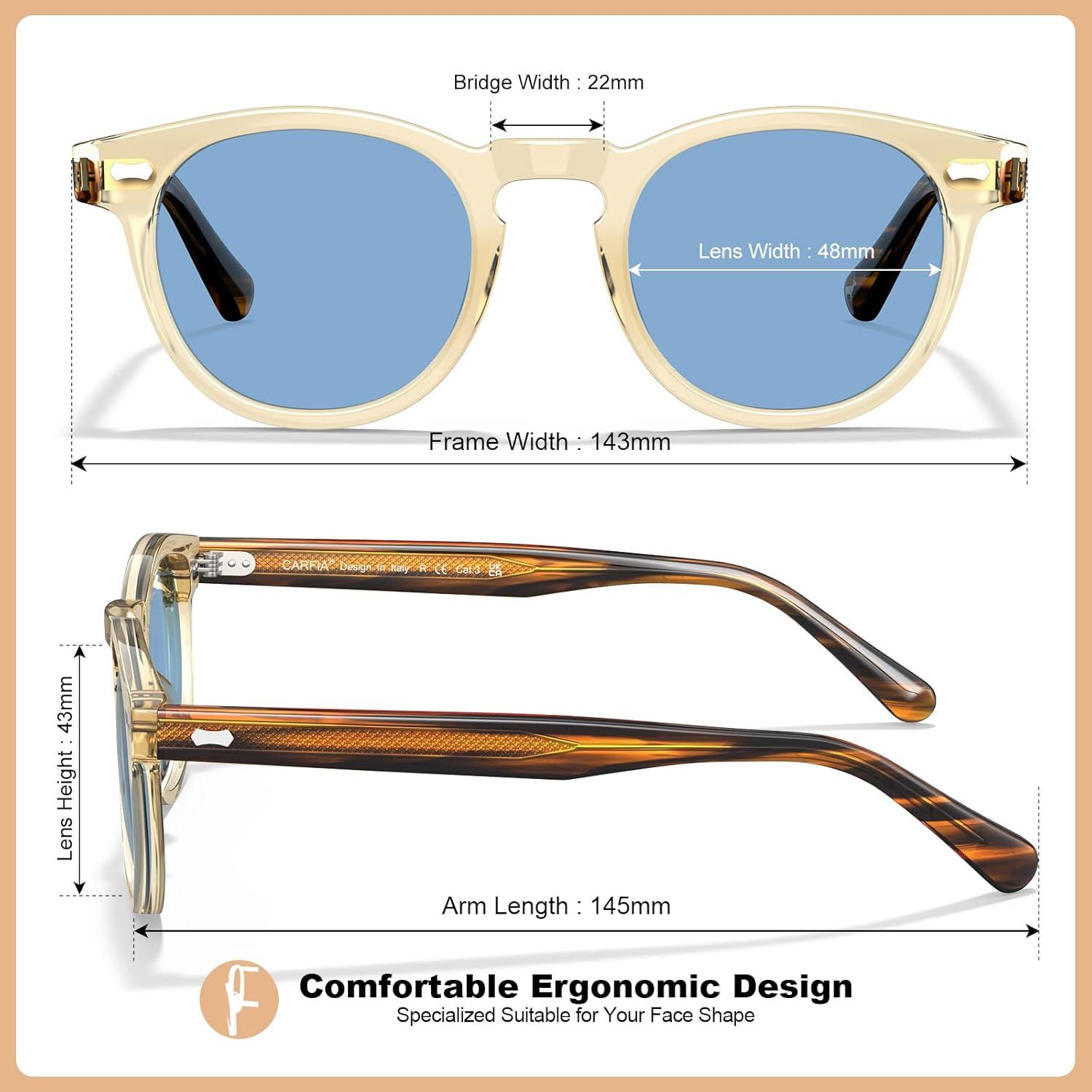 imageCARFIA Cool Retro Acetate Sunglasses for Men Polarized UV Protection Keyhole Round Shades with Embossed Pattern Wire Core51 Yellowish Frame Blue Lens