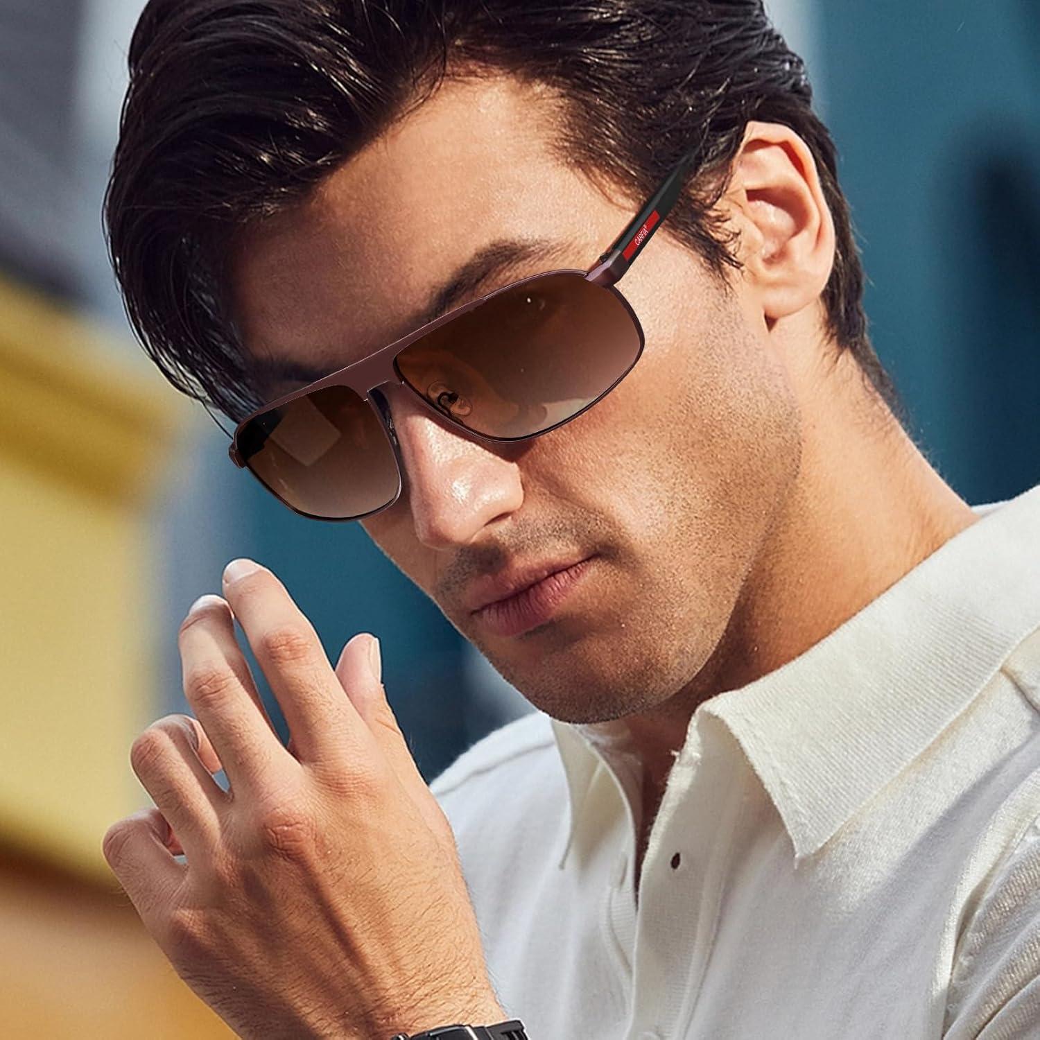 imageCARFIA Large Curved Cool Polarized Sunglasses for Men UV Protection Lightweight Metal Frame Outdoor Trendy Driving Sunnies2 Matted Brown Frame Gradient Brown Lens