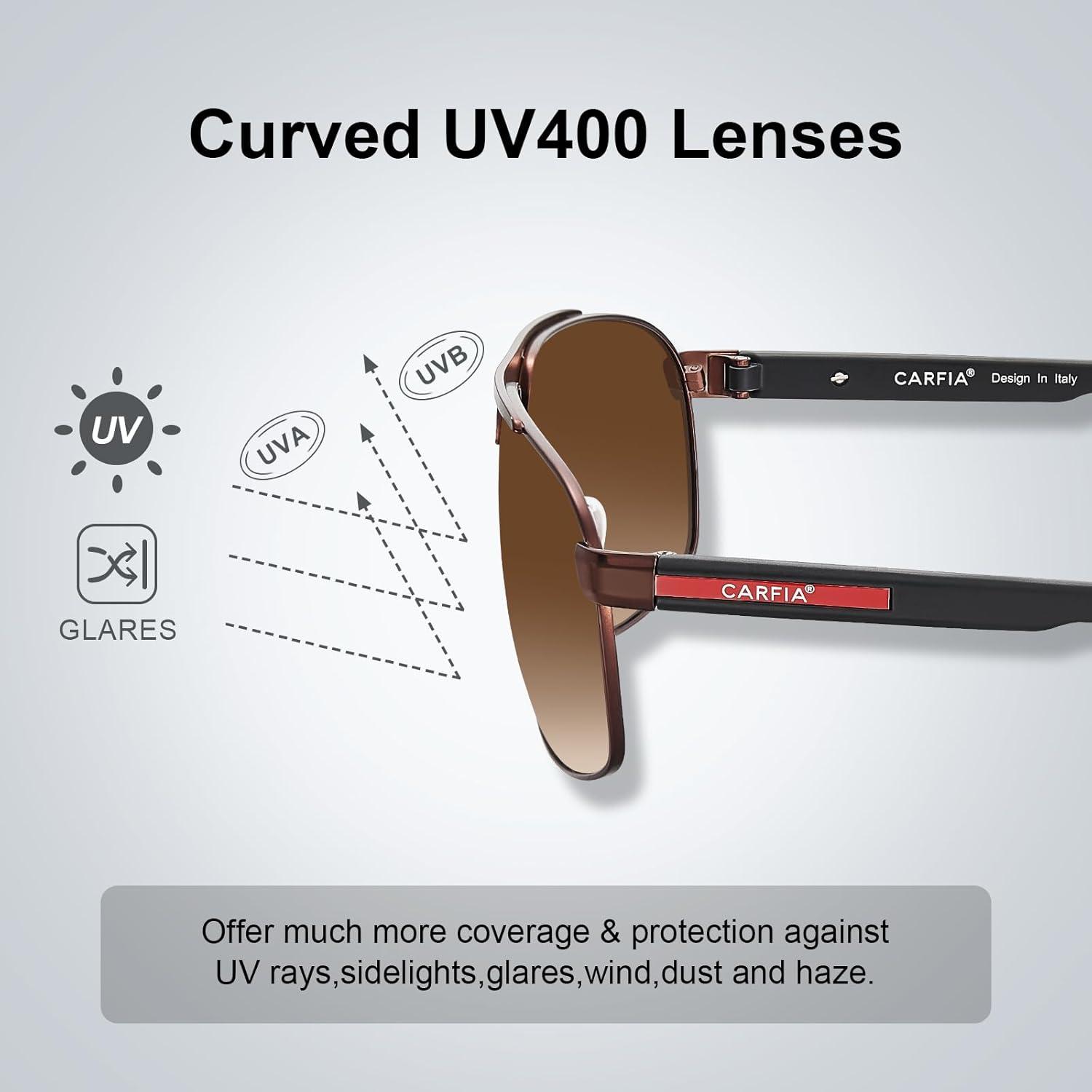 imageCARFIA Large Curved Cool Polarized Sunglasses for Men UV Protection Lightweight Metal Frame Outdoor Trendy Driving Sunnies2 Matted Brown Frame Gradient Brown Lens