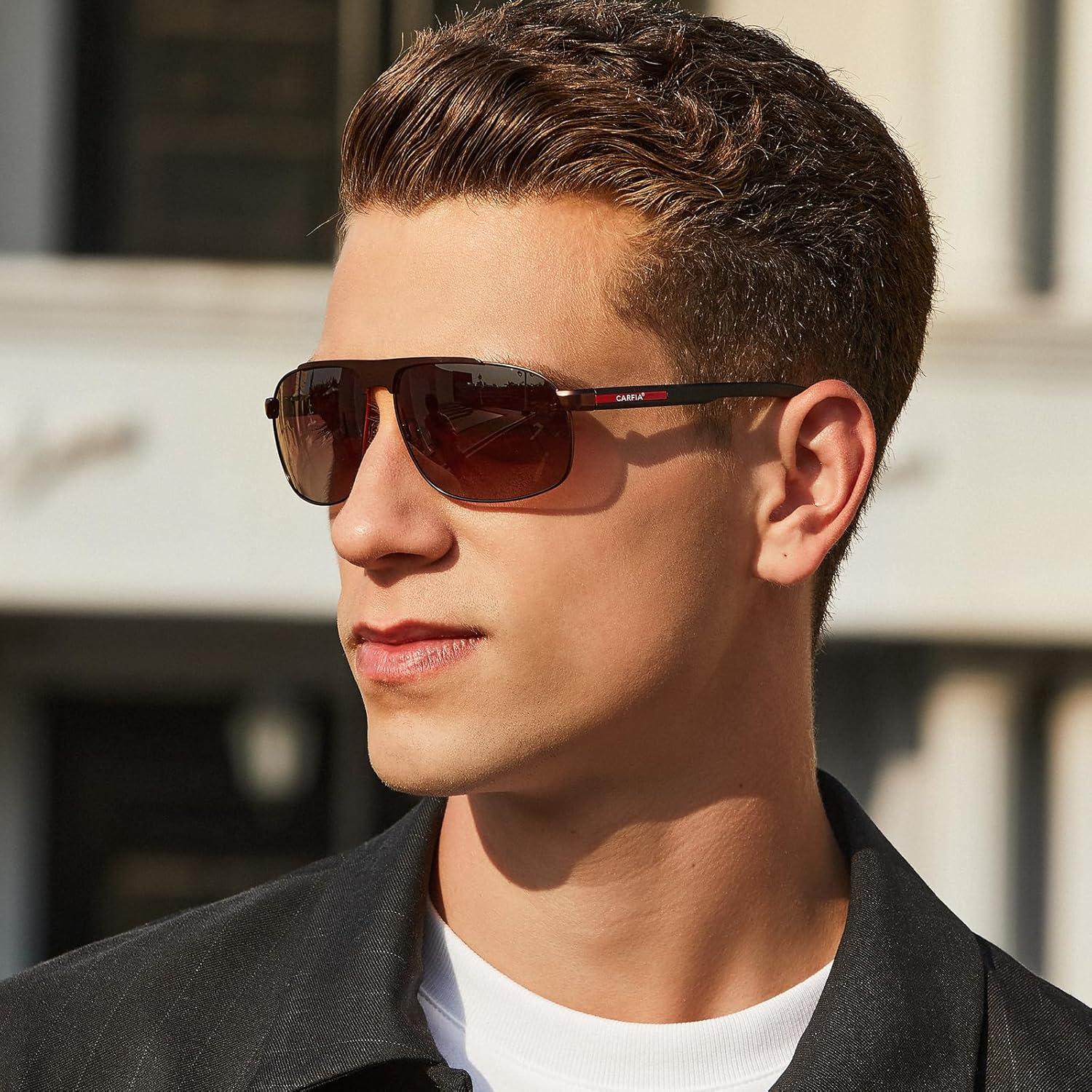 imageCARFIA Large Curved Cool Polarized Sunglasses for Men UV Protection Lightweight Metal Frame Outdoor Trendy Driving Sunnies2 Matted Brown Frame Gradient Brown Lens