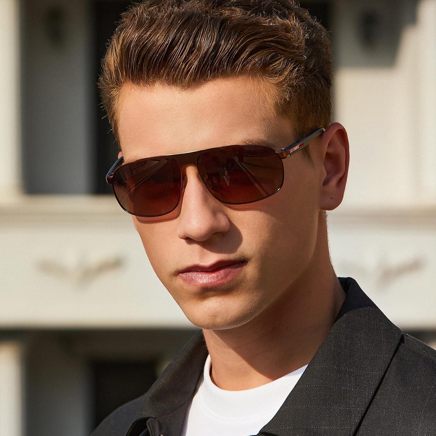 imageCARFIA Large Curved Cool Polarized Sunglasses for Men UV Protection Lightweight Metal Frame Outdoor Trendy Driving Sunnies3 Matted Brown Frame Gradient Brown Lens1