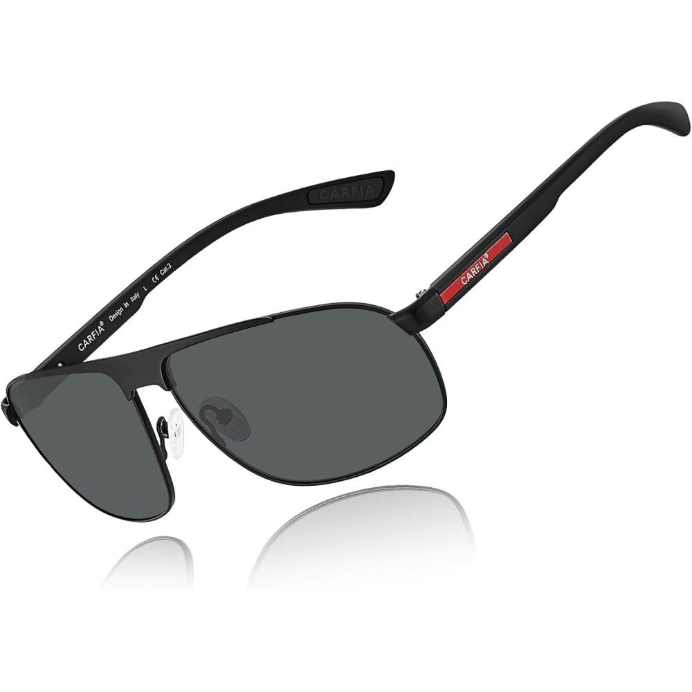 imageCARFIA Large Curved Cool Polarized Sunglasses for Men UV Protection Lightweight Metal Frame Outdoor Trendy Driving Sunnies1 Matted Black Frame Grey Lens