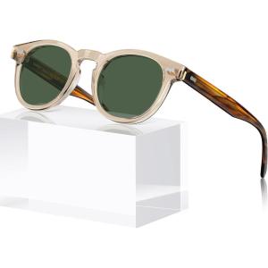 CARFIA Cool Retro Acetate Sunglasses for Men Polarized UV Protection, Keyhole Round Shades with Embossed Pattern Wire Core(1. Clear Yellow Frame Green Lens)