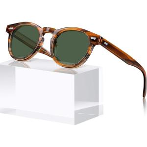 CARFIA Cool Retro Acetate Sunglasses for Men Polarized UV Protection, Keyhole Round Shades with Embossed Pattern Wire Core(3-1. Brown Striped Frame Green Lens)