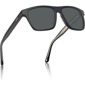 CARFIA Curved Acetate Polarized Sunglasses for Men UV Protection, Cool Retro Driving Eyewears with Embossed Pattern Wire Core(3. Black Frame Grey Lens)