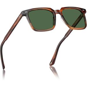 CARFIA Retro Cool Acetate Sunglasses for Men Polarized UV Protection, Trendy Square Male Sunnies Outdoor Driving Eyewears(1. Brown Striped Frame Green Lens)