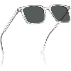 CARFIA Retro Cool Acetate Sunglasses for Men Polarized UV Protection, Trendy Square Male Sunnies Outdoor Driving Eyewears(4. Transparent Frame Grey Lens)