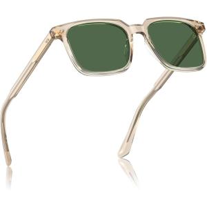 CARFIA Retro Cool Acetate Sunglasses for Men Polarized UV Protection, Trendy Square Male Sunnies Outdoor Driving Eyewears(7. Clear Yellow Frame Green Lens)