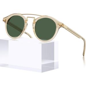 CARFIA Small Face Acetate Double Bridge Sunglasses for Women Polarized UV Protection, Retro Metal Brow Eyewears Round Sunnies(2. Clear Yellow Frame Green Lens)