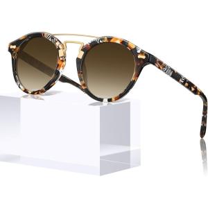 CARFIA Small Face Acetate Double Bridge Sunglasses for Women Polarized UV Protection, Retro Metal Brow Eyewears Round Sunnies(3. Brown Tortoise Frame Gradient Brown Lens)