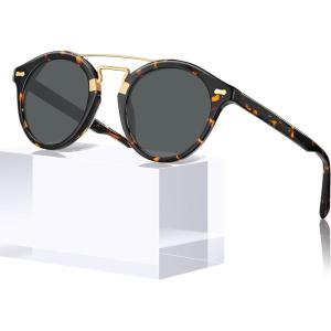 CARFIA Small Face Acetate Double Bridge Sunglasses for Women Polarized UV Protection, Retro Metal Brow Eyewears Round Sunnies(4. Yellow Tortoise Frame Grey Lens)