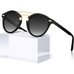 CARFIA Small Face Acetate Double Bridge Sunglasses for Women Polarized UV Protection, Retro Metal Brow Eyewears Round Sunnies(5. Black Frame Gradient Grey Lens)
