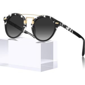 CARFIA Small Face Acetate Double Bridge Sunglasses for Women Polarized UV Protection, Retro Metal Brow Eyewears Round Sunnies(6. Marbled Tortoise Frame Gradient Grey Lens)